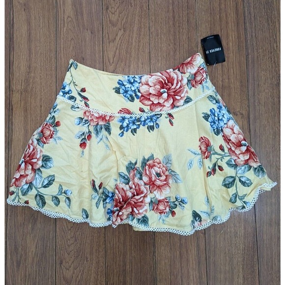 Forever 21 Linen Skirt Yellow Floral Crochet Cottagecore Flare Skater 90s Sz L - Picture 2 of 6